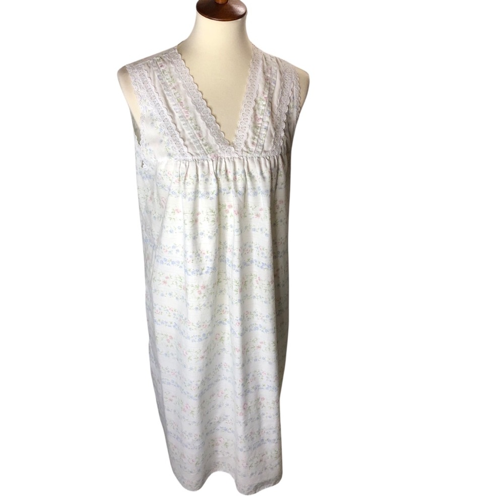 Vintage Cotton Night Gown Dress Floral Sz Small Lace Trim Sleeveless Cottagecore - Picture 2 of 8